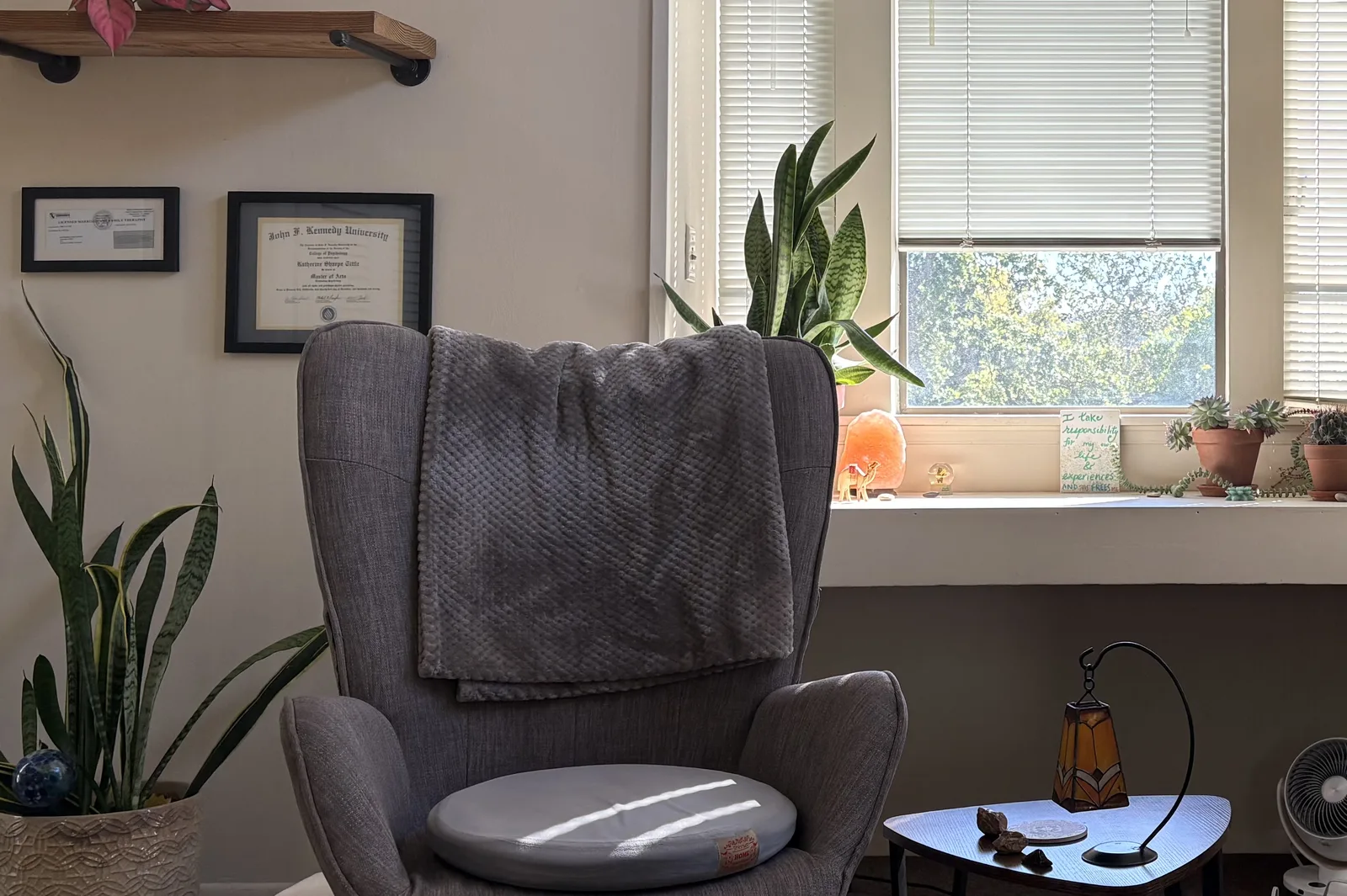 Therapy for high achievers in Walnut Creek, CA with a two-seat couch and warm afternoon light