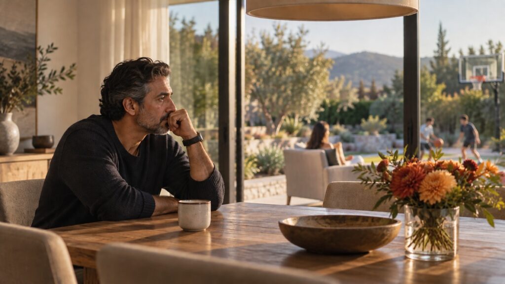 Man resting his chin on his hand, staring out the window while his family relaxes and plays outside without him