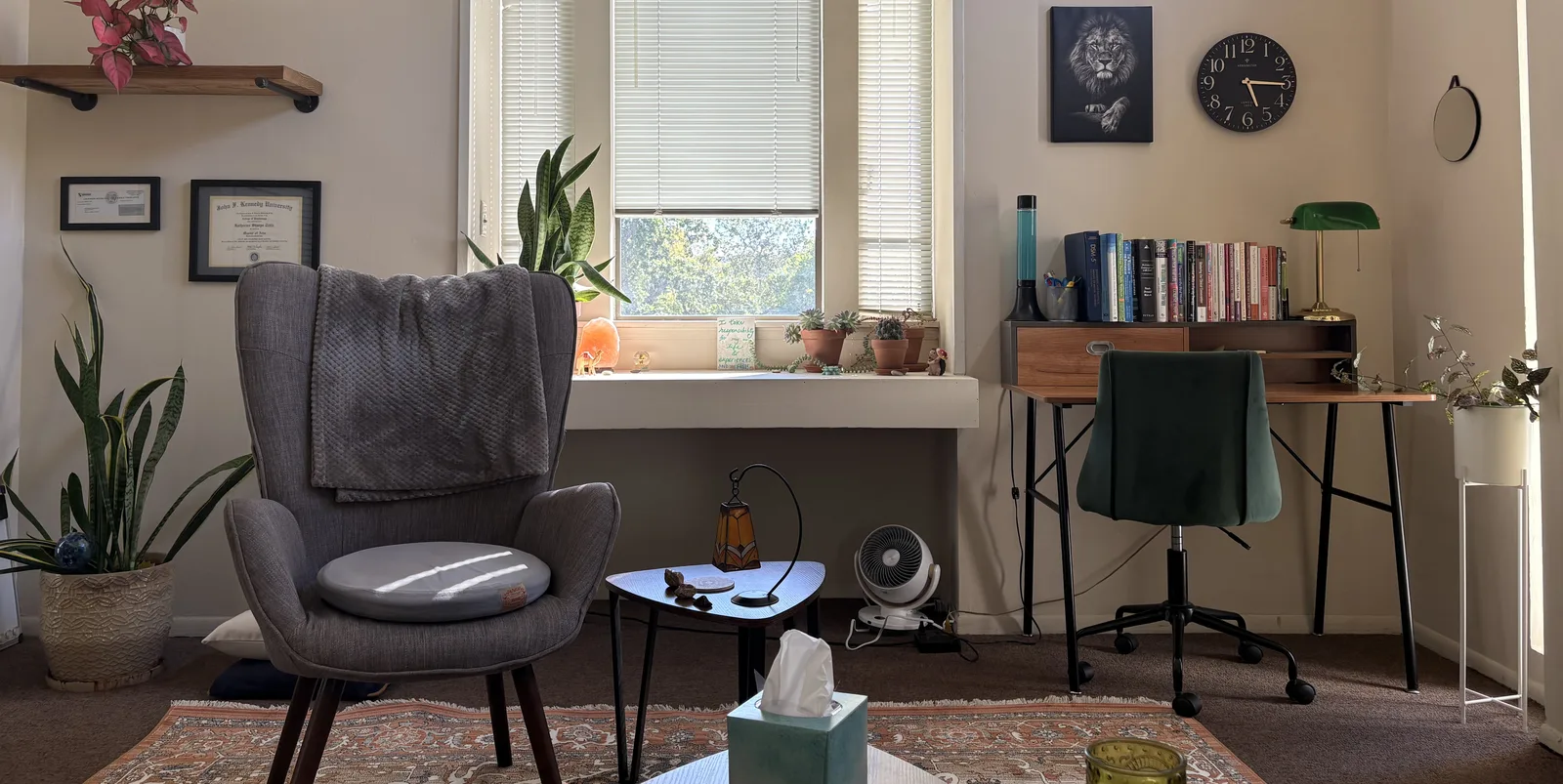 Anxiety therapy office in Walnut Creek, CA with a soft chair by a sunlit window