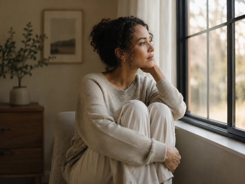 Woman reflecting alone, recognizing her own old wound behind a recurring conflict