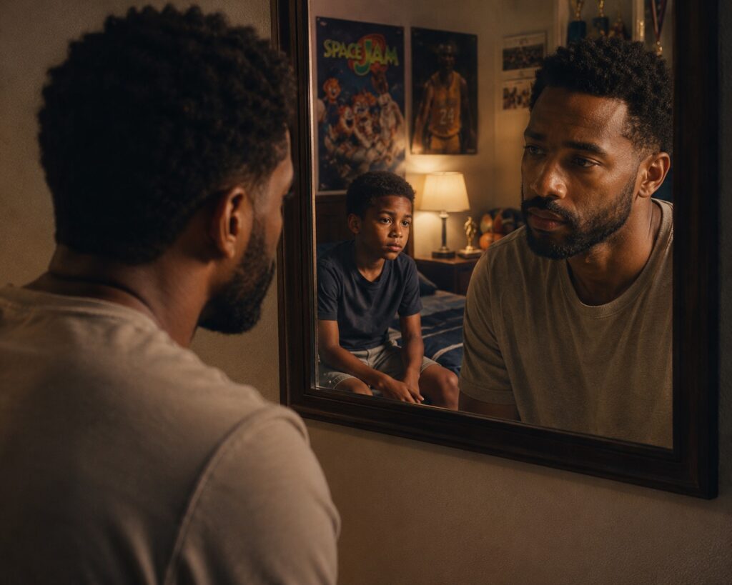 Man reconnecting with a childhood memory in the mirror, the origin of an adult reaction