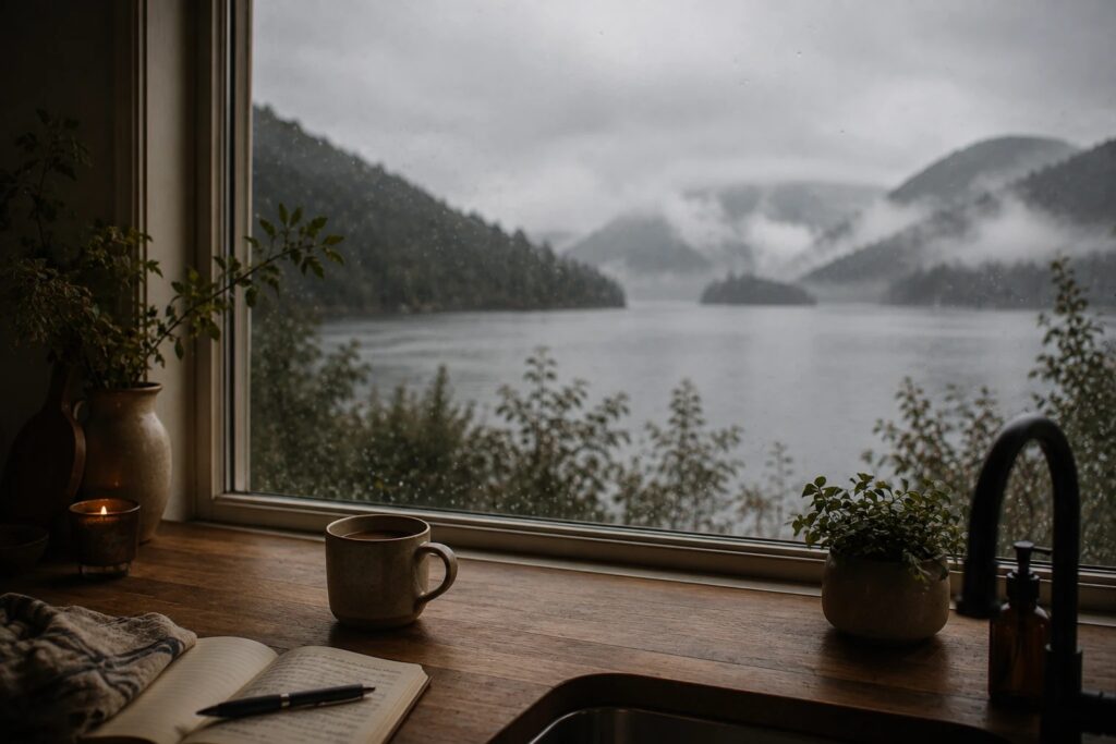 Open journal and coffee mug on a wooden counter looking out a rain-covered window at misty mountains and a lake