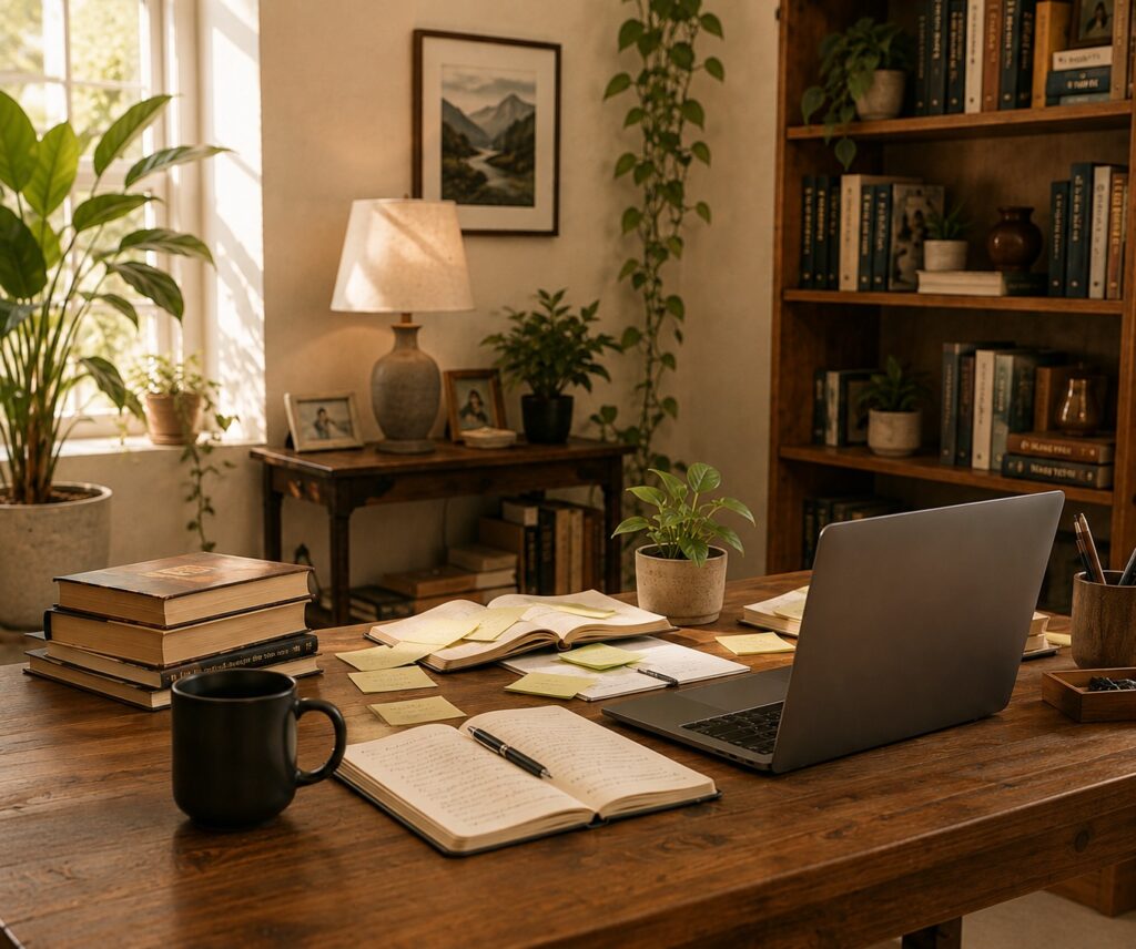 Overwhelmed home office desk with laptop, coffee, and scattered notes representing burnout in high achievers
