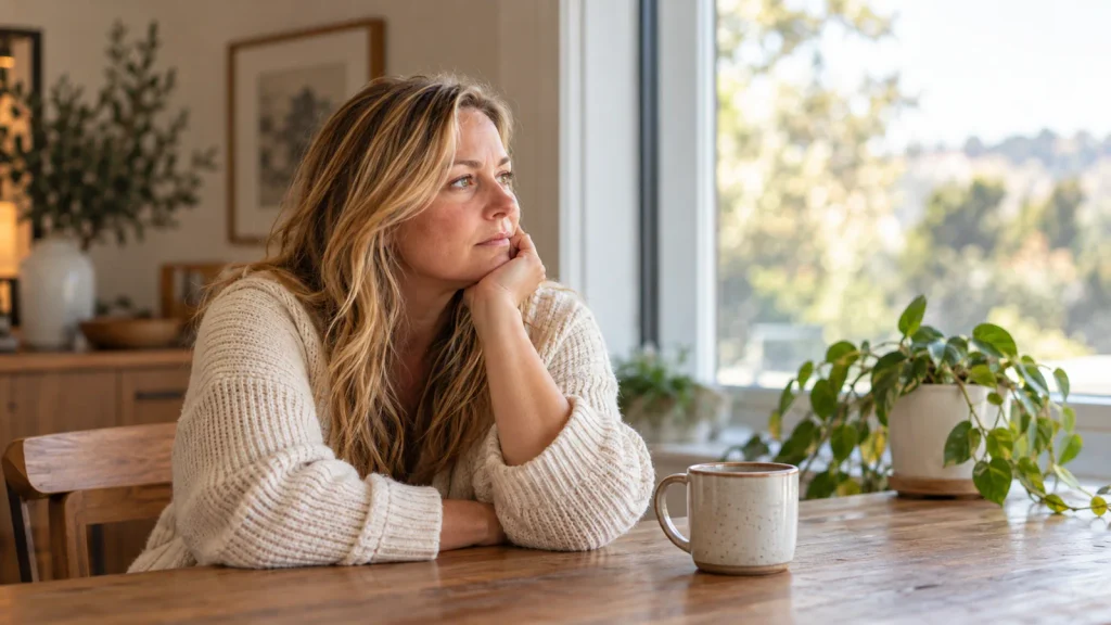 Woman reflecting on relationship problems while sitting by a window with a cup of coffee
